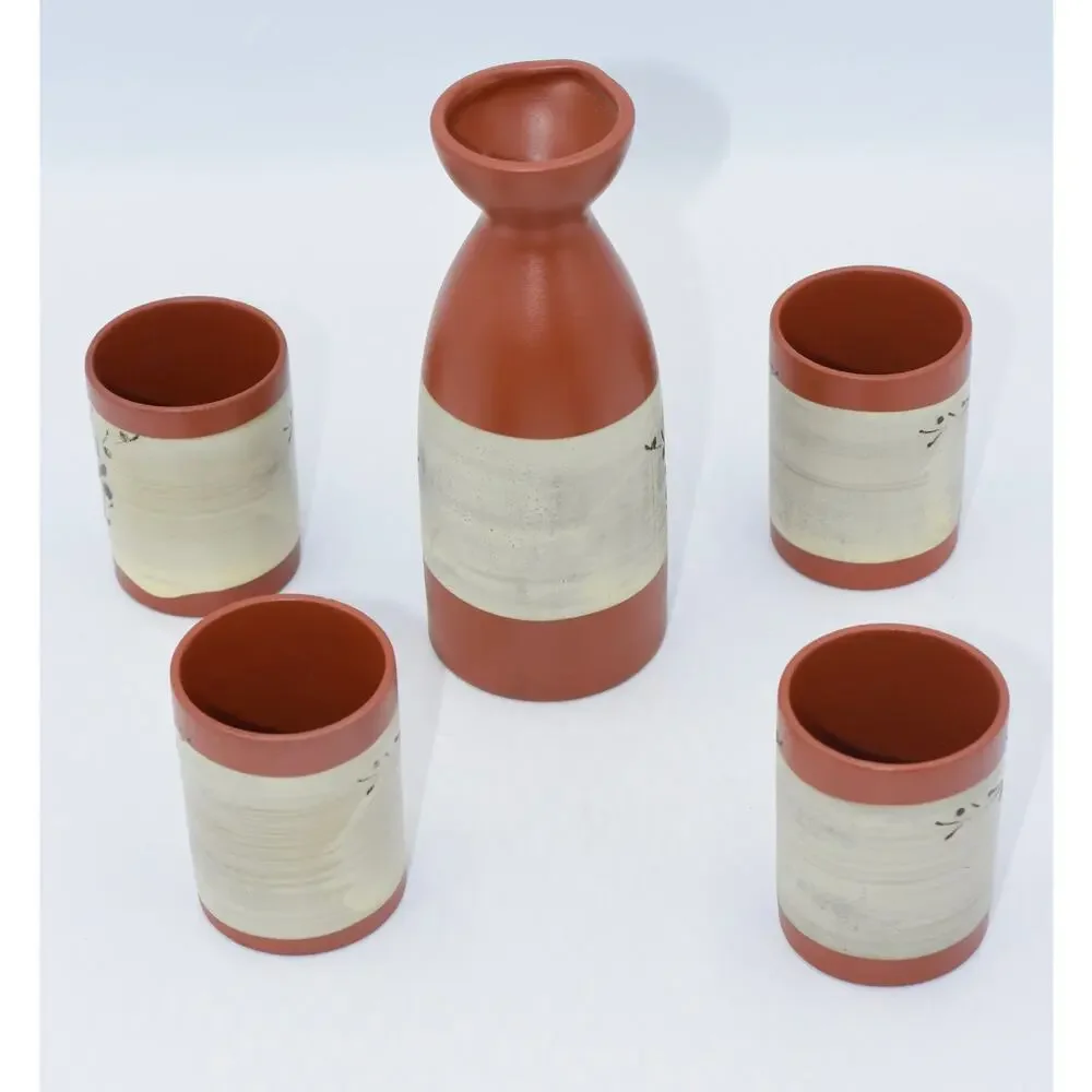 Vintage Japanese Cherry Blossom Hand Decorated Red Stoneware Sake Set - 5pc NEW